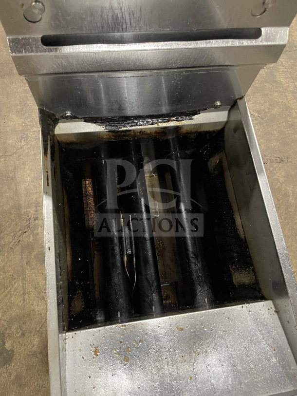 Cooler Depot CTF3 commercial deep fat fryer, natural gas, stainless steel, with back splash and basket hanger, used condition.
