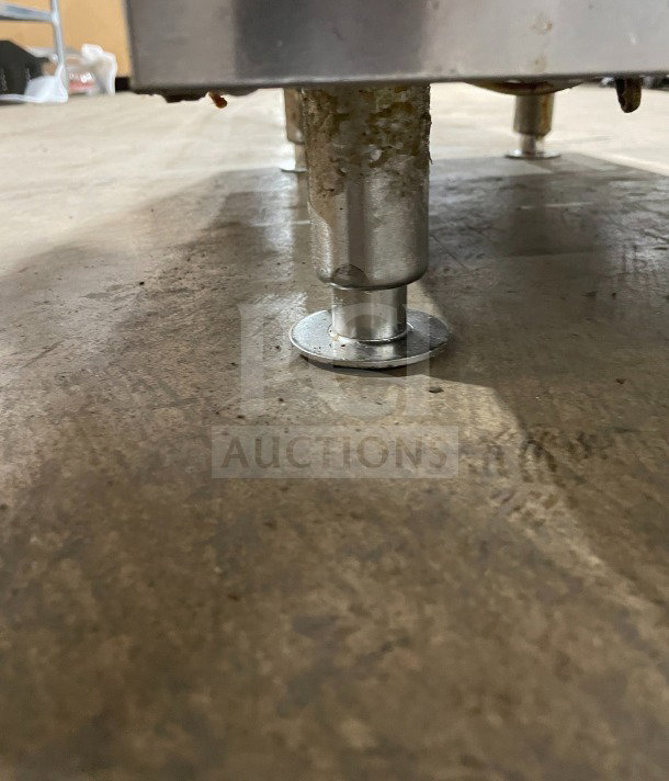 Cooler Depot CTF3 fryer leg detail. Stainless steel on legs, showing minor wear. Model: CTF3 SN: 2305025218.