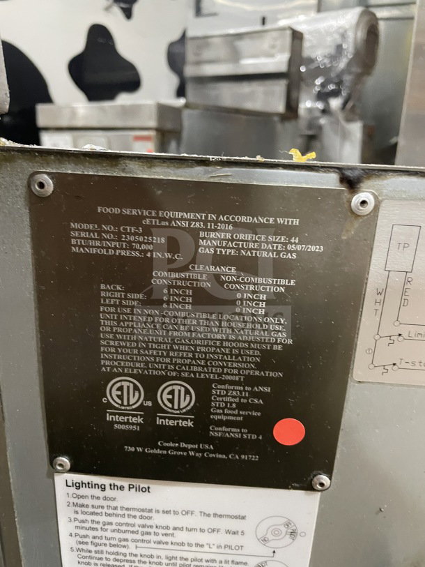 CoolerDepot CTF3 stainless steel deep fat fryer, natural gas, with backsplash, basket hanger, serial 2305025218, on legs.