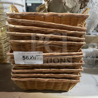 Commercial polypropylene synthetic wicker display basket, stack of 11. Sturdy construction, ideal for retail use. Label shows "56X11 QTY".