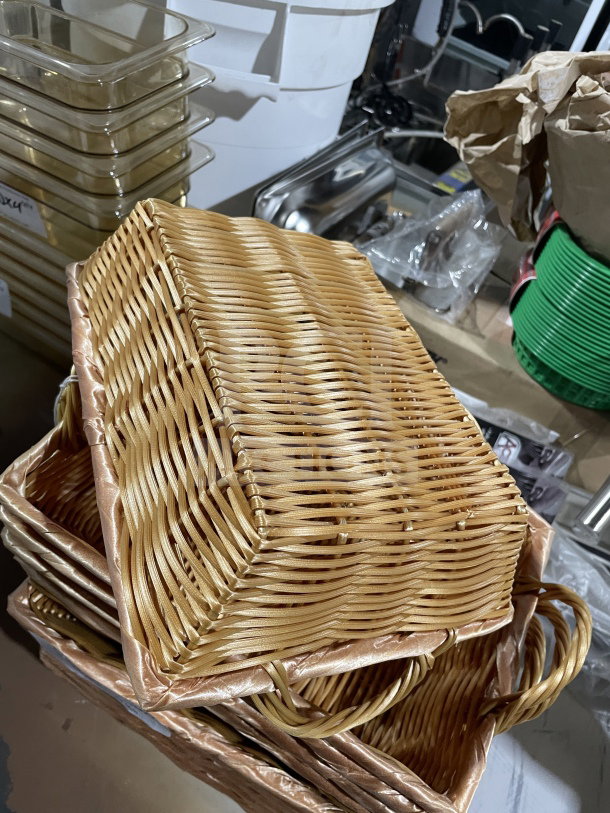 Commercial polypropylene synthetic wicker display basket, excellent condition, features woven design, stackable.