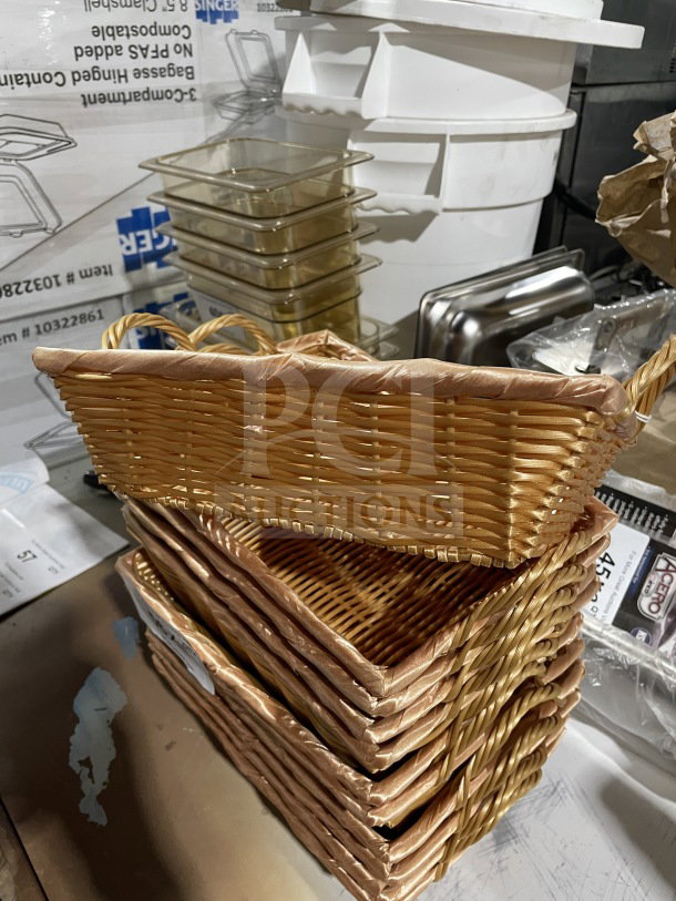 Commercial polypropylene synthetic wicker display basket, stack of several, in good condition, 11X your bid, 11-inch size.