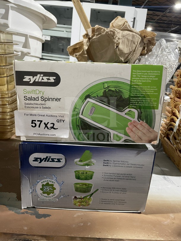 Brand new Zyliss SwiftDry Salad Spinner in box, featuring single-handed pump action and Aquavent technology.