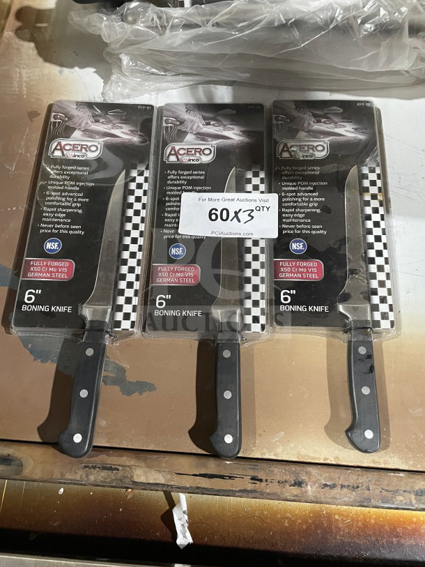 Winco KFP61 6" boning knife, forged carbon steel, POM handle. New in packaging, durable and ergonomic design.