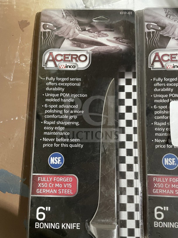 Winco 6" boning knife, model KFP61, forged carbon steel, POM handle, new condition, NSF certified, durable and sharp.