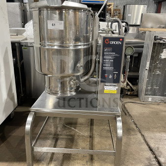 Groen TDH-48 commercial stainless steel tilting soup kettle on stand; natural gas powered, 120V 1Phase, model SN: 93724.
