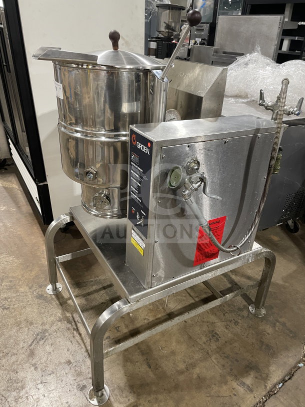 Groen TDH-48 stainless steel gas tilting soup kettle on stand, 120V 1Phase, in used condition, features visible labels and controls.