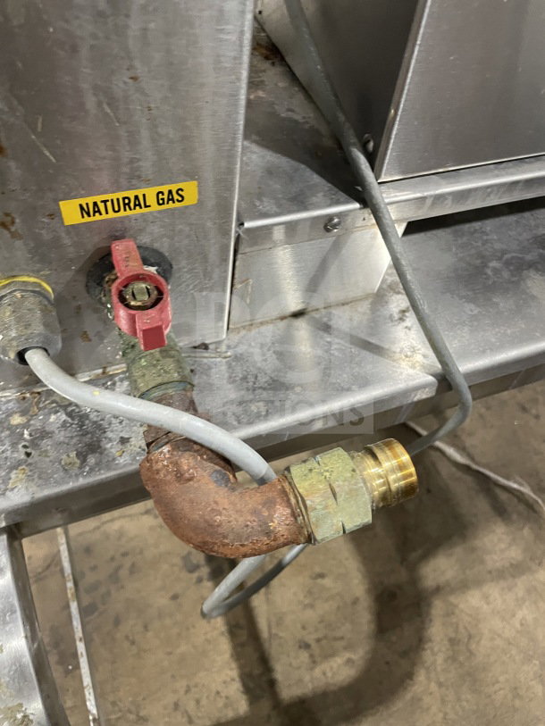 Groen TDH-48 stainless steel natural gas tilting soup kettle on stand, visible labels and connections, 120V 1Phase.