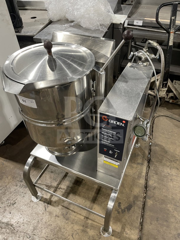 Groen TDH-48 stainless steel tilting soup kettle on stand, natural gas, 120V 1-phase, serial 93724, excellent condition.