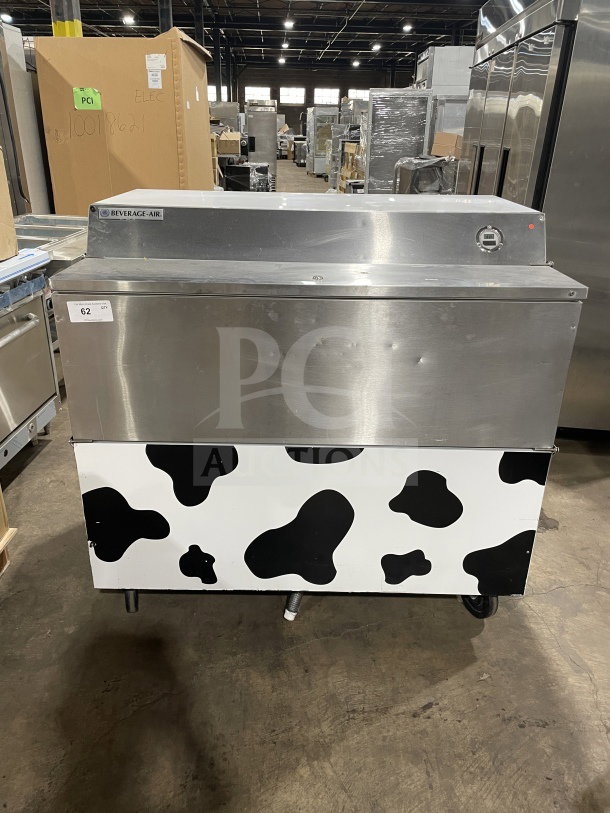 Beverage-Air SMF49Y milk cooler, stainless steel, cow print design, 115V, 1 phase, electric powered, commercial use.