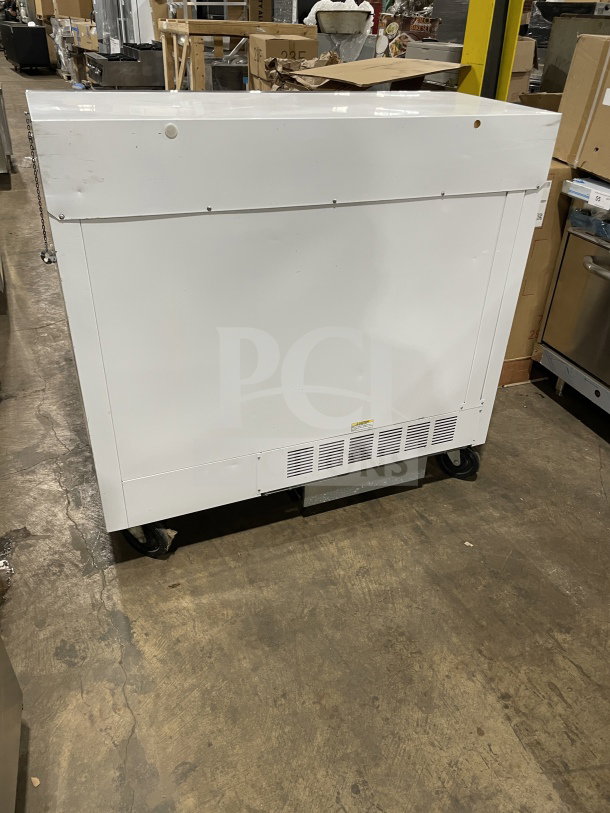Beverage-Air stainless steel milk cooler, Model SMF49Y. Commercial grade, 1-sided, electric, 115V, 1 phase, on casters.