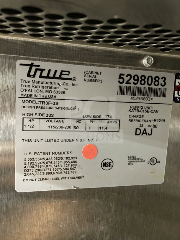 True 78" Spec Series 3-door freezer with chrome-plated rack, Model TR3F-3S, SN 5298083, 115/208-230V, 1 phase, on casters.