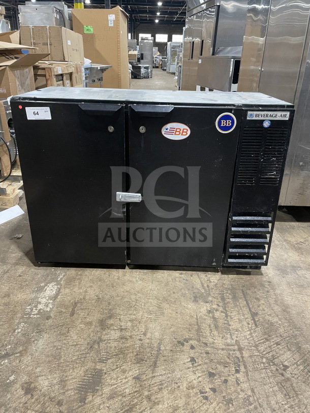 Beverage Air BB48Y1B black 2-door bar back cooler, 115V, with poly coated racks, in used condition. Model number visible.