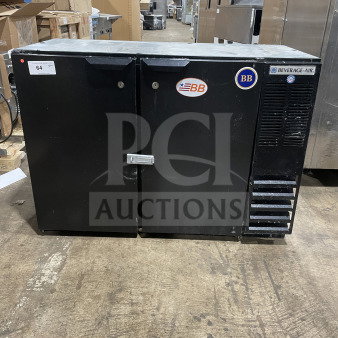 Beverage Air BB48Y1B black 2-door bar back cooler, 115V, with poly coated racks, in used condition. Model number visible.