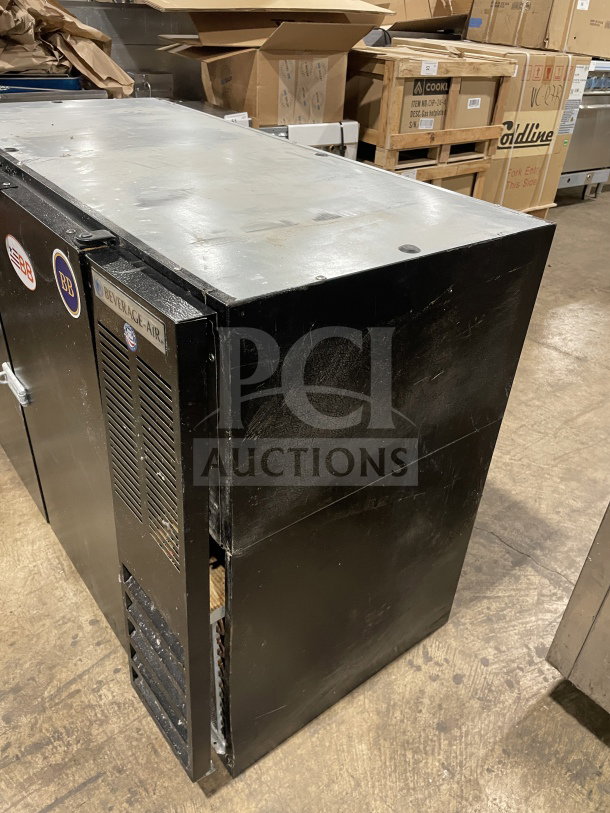 Beverage Air BB48Y1B 2-door bar back cooler, black, poly coated racks, visible wear, model and serial number plates shown.