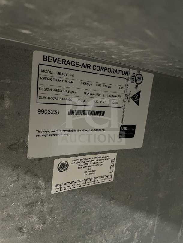 Beverage Air BB48Y1B black 2-door bar back cooler, with poly-coated racks, 115V 1Phase, SN: 9903231, UL listed.