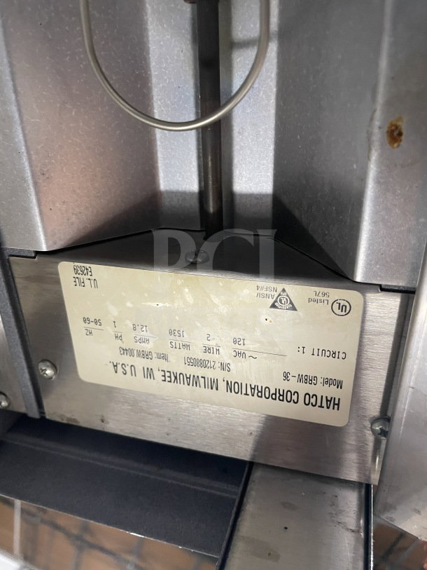Hatco GRBW36 stainless steel electric buffet warmer, serial number 2120880551, 120V, 1 phase, good condition.