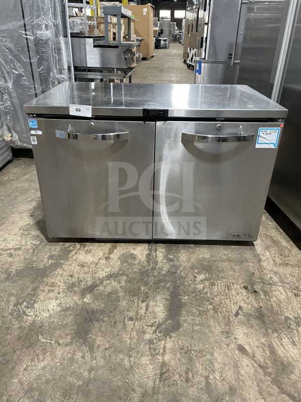True 2-door undercounter refrigerator, stainless steel, Energy Star certified, model TUC-48-LP-HC~SPEC3, on casters.