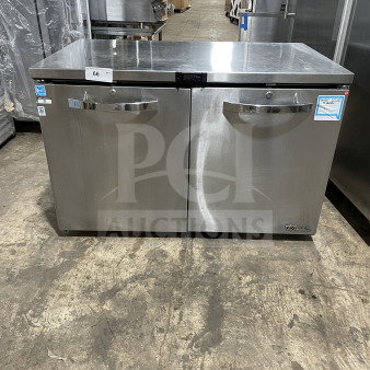 True 2-door undercounter refrigerator, stainless steel, Energy Star certified, model TUC-48-LP-HC~SPEC3, on casters.