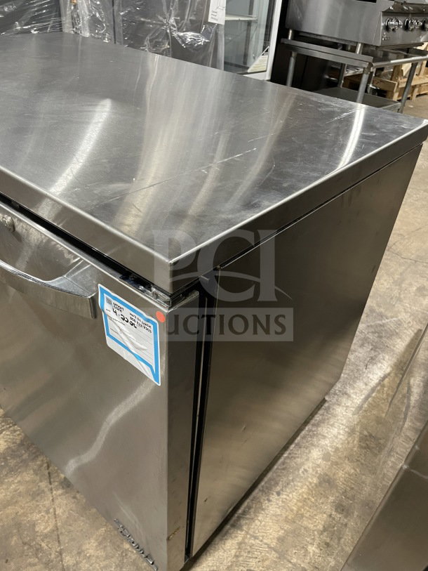 True TUC-48-LP-HC~SPEC3 stainless steel 2-door undercounter refrigerator on casters, Energy Star certified, excellent condition.