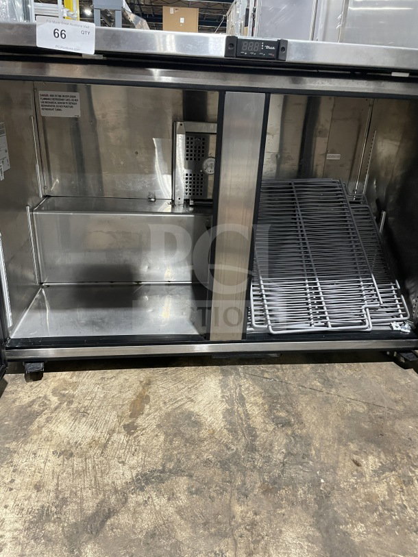 True 2-Door Stainless Steel Undercounter Refrigerator, Model TUC-48-LP-HC~SPEC3, Energy Star Certified, on casters.
