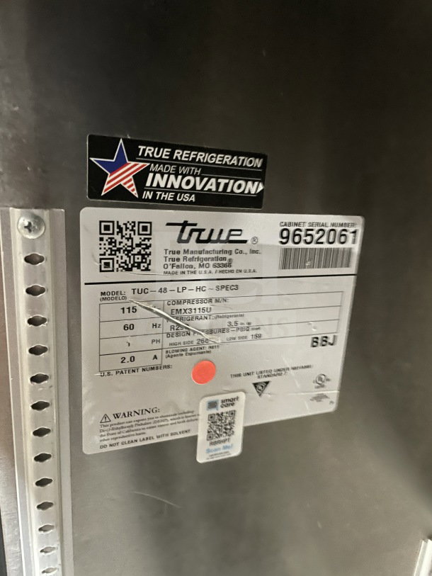 True Commercial Stainless Steel 2-Door Low-Profile Undercounter Refrigerator, Model TUC-48-LP-HC~SPEC3, Energy Star, on casters.