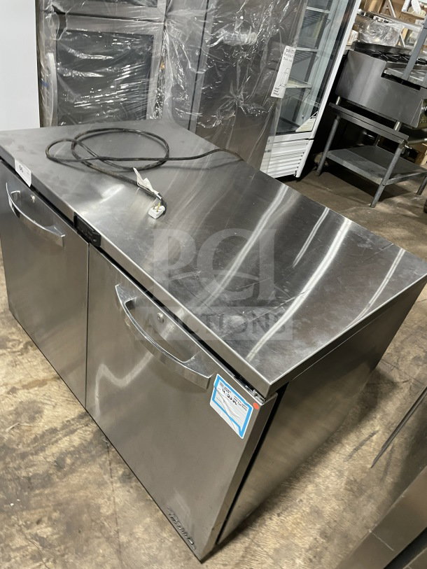 True commercial stainless steel 2-door undercounter refrigerator, model TUC-48-LP-HC~SPEC3, with casters, Energy Star certified.
