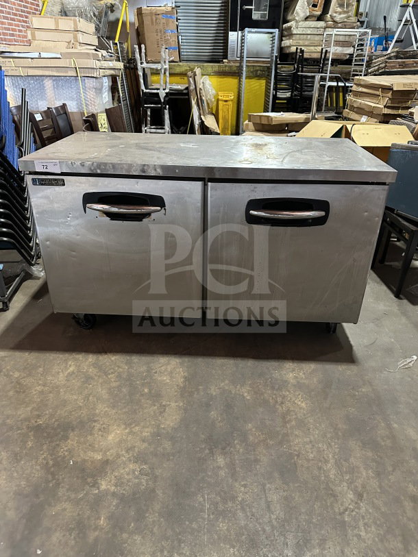 Master Bilt Fusion Series UF60 2-Door Stainless Steel Undercounter Freezer with Poly Coated Wire Racks, on Casters.