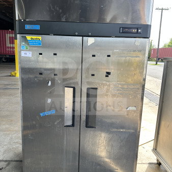 Turbo Air M3F47-2 commercial stainless steel 2-door reach-in freezer with poly coated racks, Energy Star certified, on casters.