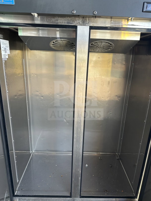 Turbo Air M3F47-2 stainless steel 2-door reach-in freezer, Energy Star, 115V, with poly coated rack, visible inside label.