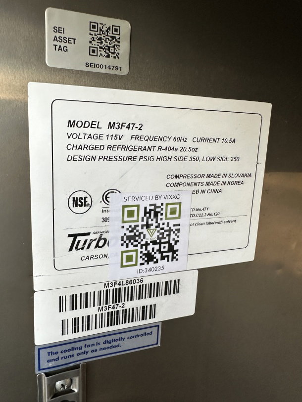 Turbo Air M3F47-2 commercial stainless steel 2-door reach-in freezer, Energy Star certified, with poly-coated rack and casters.