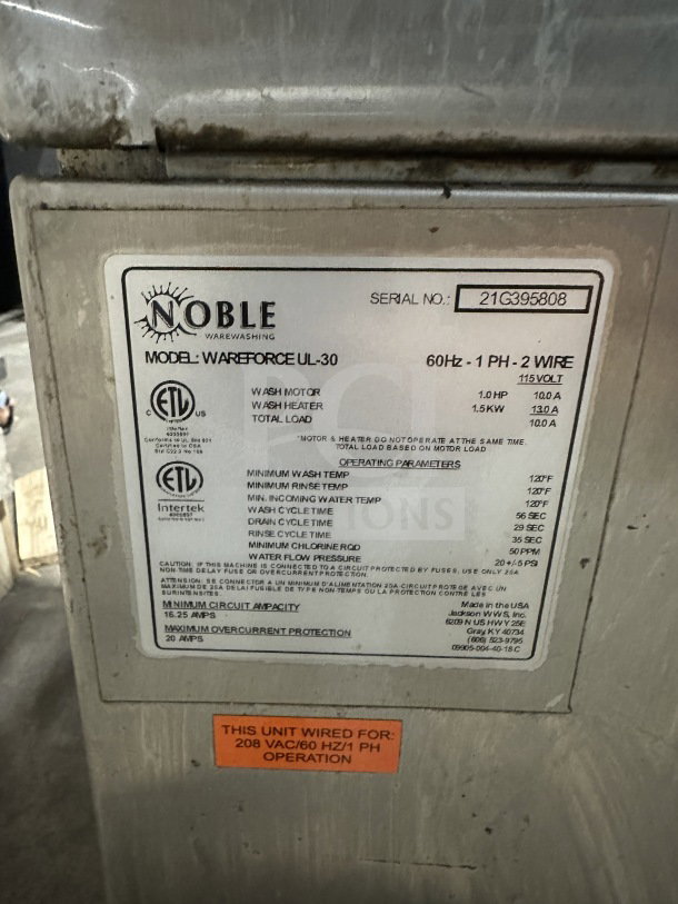 Noble WAREFORCEUL-30 stainless steel undercounter dishwasher. Model: 21gG395808. 115V, 1-phase. ETL certified.