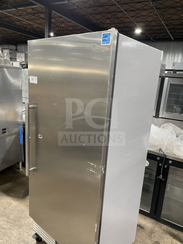 Kelvinator commercial stainless steel single door reach-in freezer, Energy Star certified, model KCBM180FQYA, on casters.