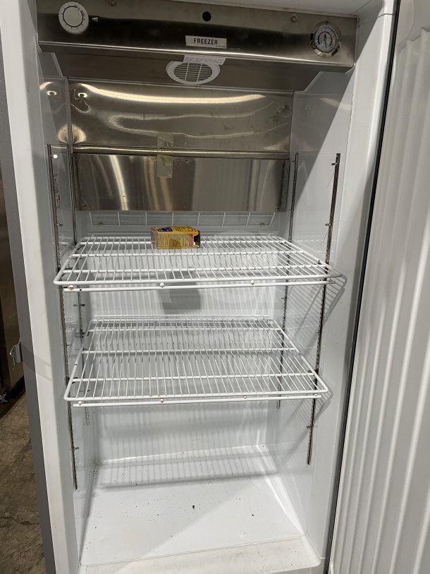 Kelvinator Commercial Stainless Steel Single Door Freezer, Model KCBM180FQYA, Energy Star, poly-coated racks, on casters.