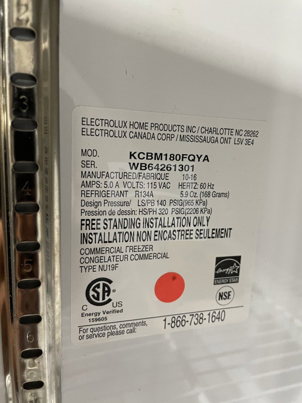 Kelvinator Commercial Freezer, Model KCBM180FQYA, stainless steel, Energy Star, on casters, includes poly-coated wire rack.