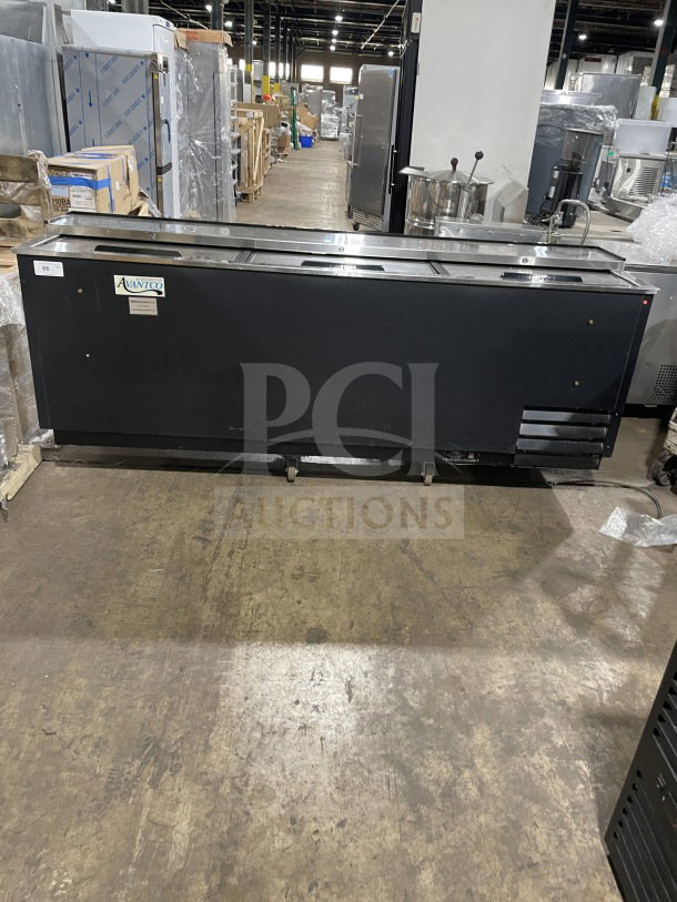 Avantco 95" commercial black cooler, model 178JBC95B, with 3 sliding doors, 115V, on casters, in used condition.