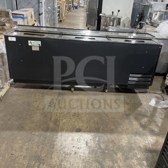 Avantco 95" commercial black cooler, model 178JBC95B, with 3 sliding doors, 115V, on casters, in used condition.