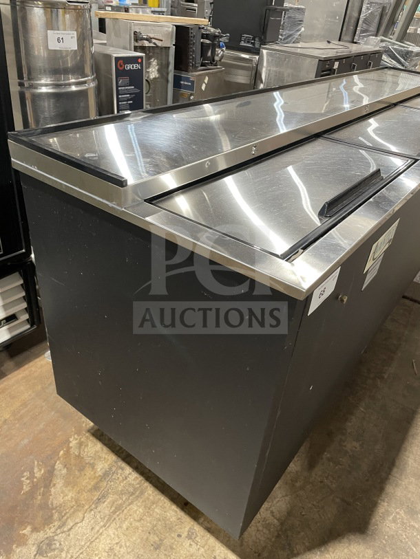 Avantco 95" commercial black beer bottle cooler, model 178JBC95B, featuring three heavy-duty sliding doors, stainless steel top, on casters.