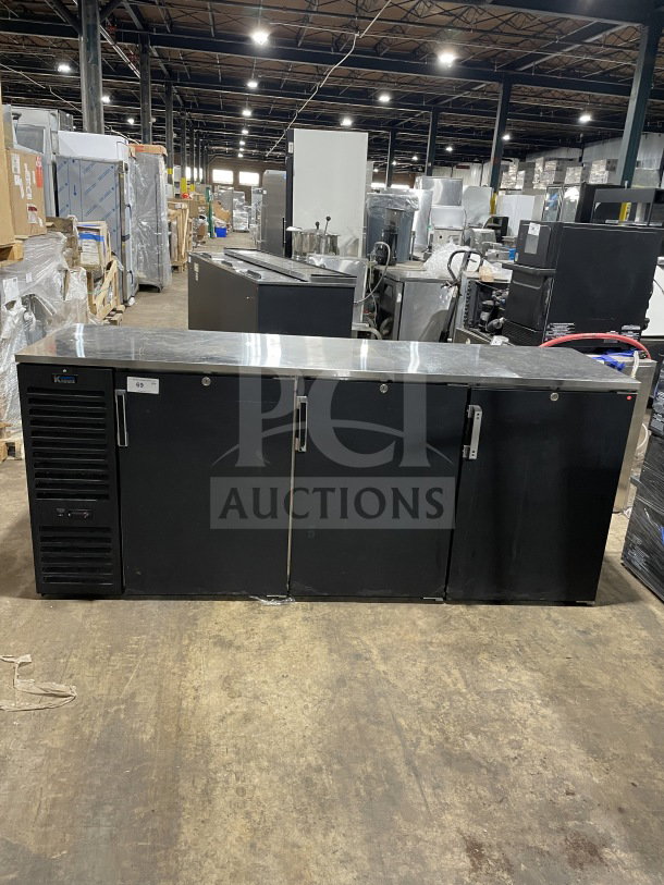 Krowne Commercial 3 Door Bar Back Cooler, Model BS84LBSSRRR. Black finish, poly-coated wired rack, 115V, 1 Phase.