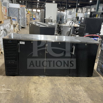 Krowne Commercial 3 Door Bar Back Cooler, Model BS84LBSSRRR. Black finish, poly-coated wired rack, 115V, 1 Phase.