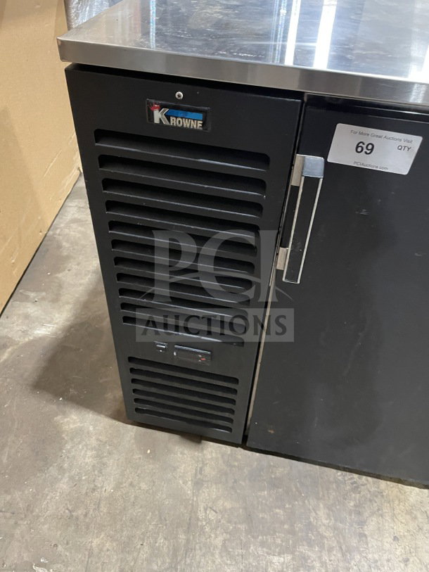 Krowne 3-door black bar back cooler, model BS84LBSSRRR, with poly-coated wired rack. Serial: 0011858, 115V 1Phase.