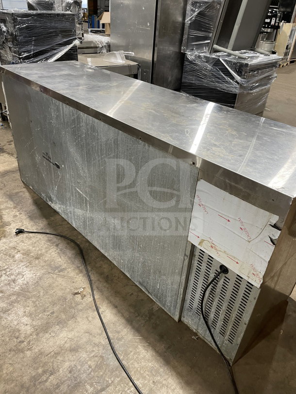 Krowne BS84LBSSRRR 3-door bar back cooler, black, poly coated rack, 115V 1Phase, SN: 0011858, visible wear.