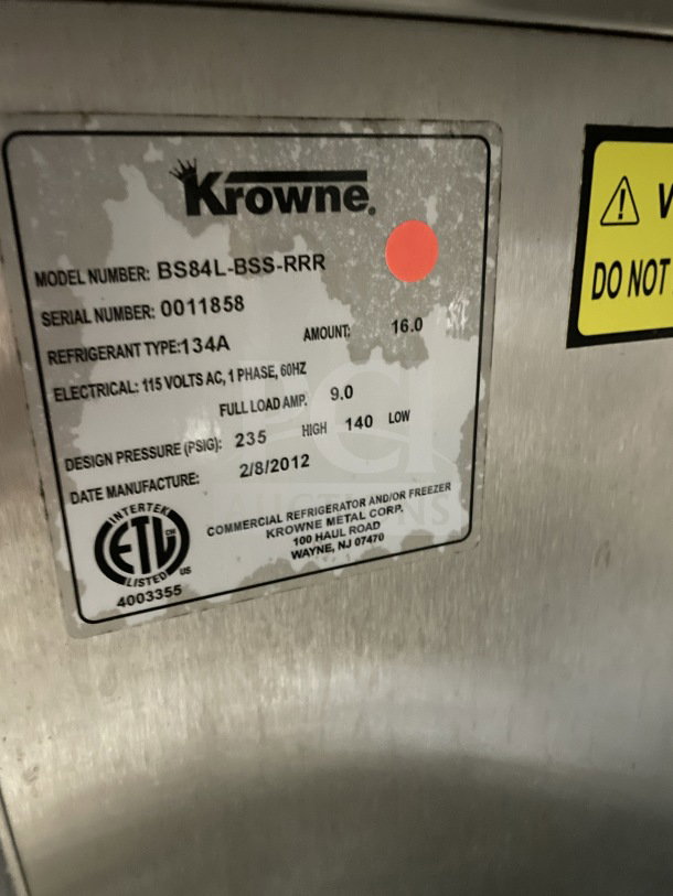 Krowne 3 Door Bar Back Cooler, Model BS84LBSSRRR. Serial: 0011858, 115V, ETL Listed. Poly coated rack included.