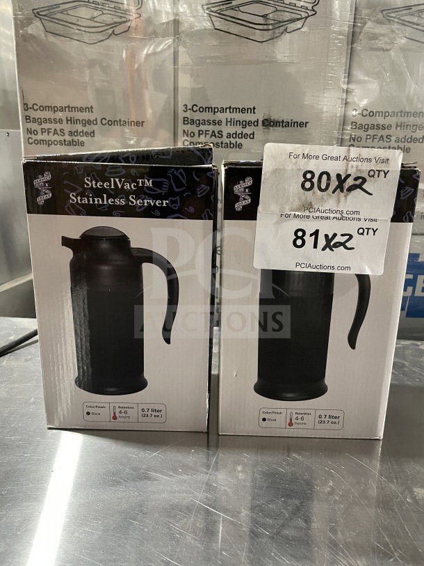 BRAND NEW Service Ideas SteelVac Series black beverage servers, 0.7L capacity, retention 4-6 hours, boxed, commercial use.