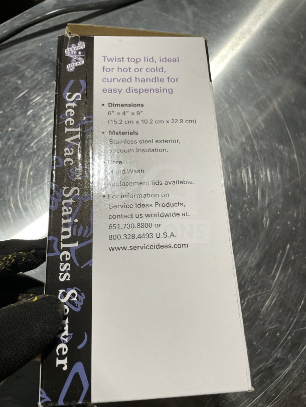Service Ideas SteelVac Series dairy and beverage server box, detailing dimensions, materials, and care instructions.