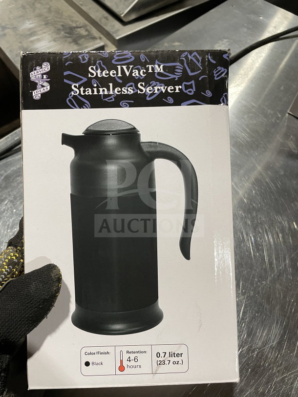Brand new Service Ideas SteelVac commercial dairy and beverage server, black, 0.7L, stainless steel, retains heat 4-6 hours.