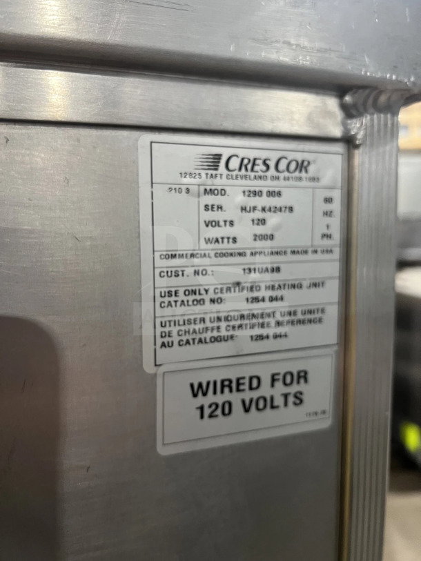 Cres Cor Heated Holding/Proofing Cabinet, Model 1290006, stainless steel, 120V, built-in pan slides, on casters, SN: HJF-K4247B.