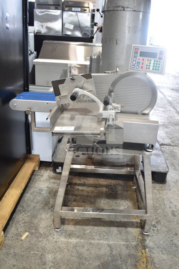 Brand new Jaccard VA4000ATGRT meat slicer with conveyor, digital control panel, and sturdy metal frame, 110V, 1 Phase.