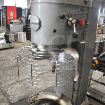 Hobart M-802 commercial 80-quart dough mixer with bowl adapter, guard, and hook. 200V, 3-phase. Shows signs of use.