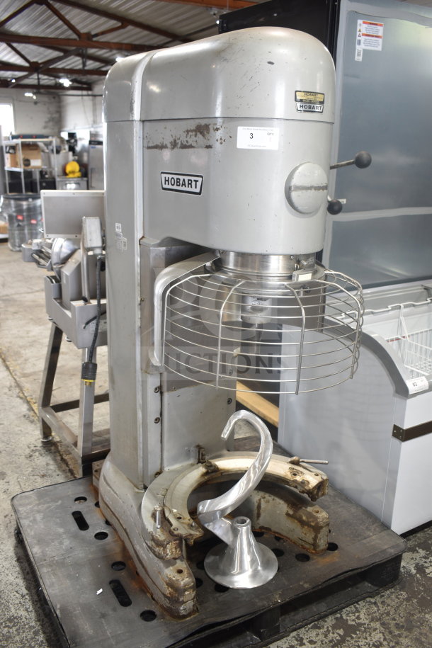 Hobart M-802 80 Quart Dough Mixer with bowl adapter, bowl guard, and dough hook. 200V, 3 Phase. Signs of use.
